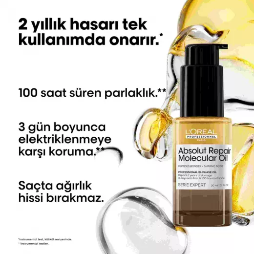 LOREAL Absolut Repair Molecular Oil Yıpranmış Saçlar İçin Onarıcı ve Güçlendirici Çift Fazlı Saç Bakım Yağı Mini 30ml
