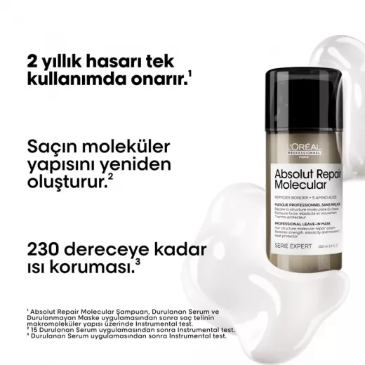 LOREAL Absolut Repair Molecular Tüm Yıpranmış Saçlar İçin Onarıcı ve Güçlendirici Durulanmayan Maske 100ml